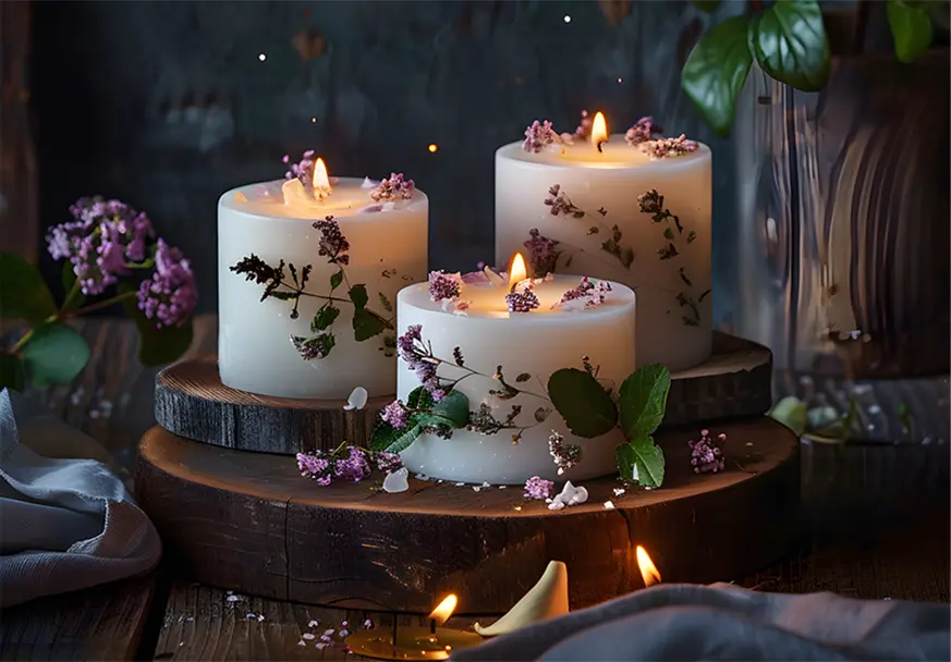 Three white candles adorned with small purple flowers and green leaves are lit on wooden bases. They are surrounded by scattered blossoms, lush greenery, and a soft fabric on a rustic wooden surface, creating a cozy, serene atmosphere.