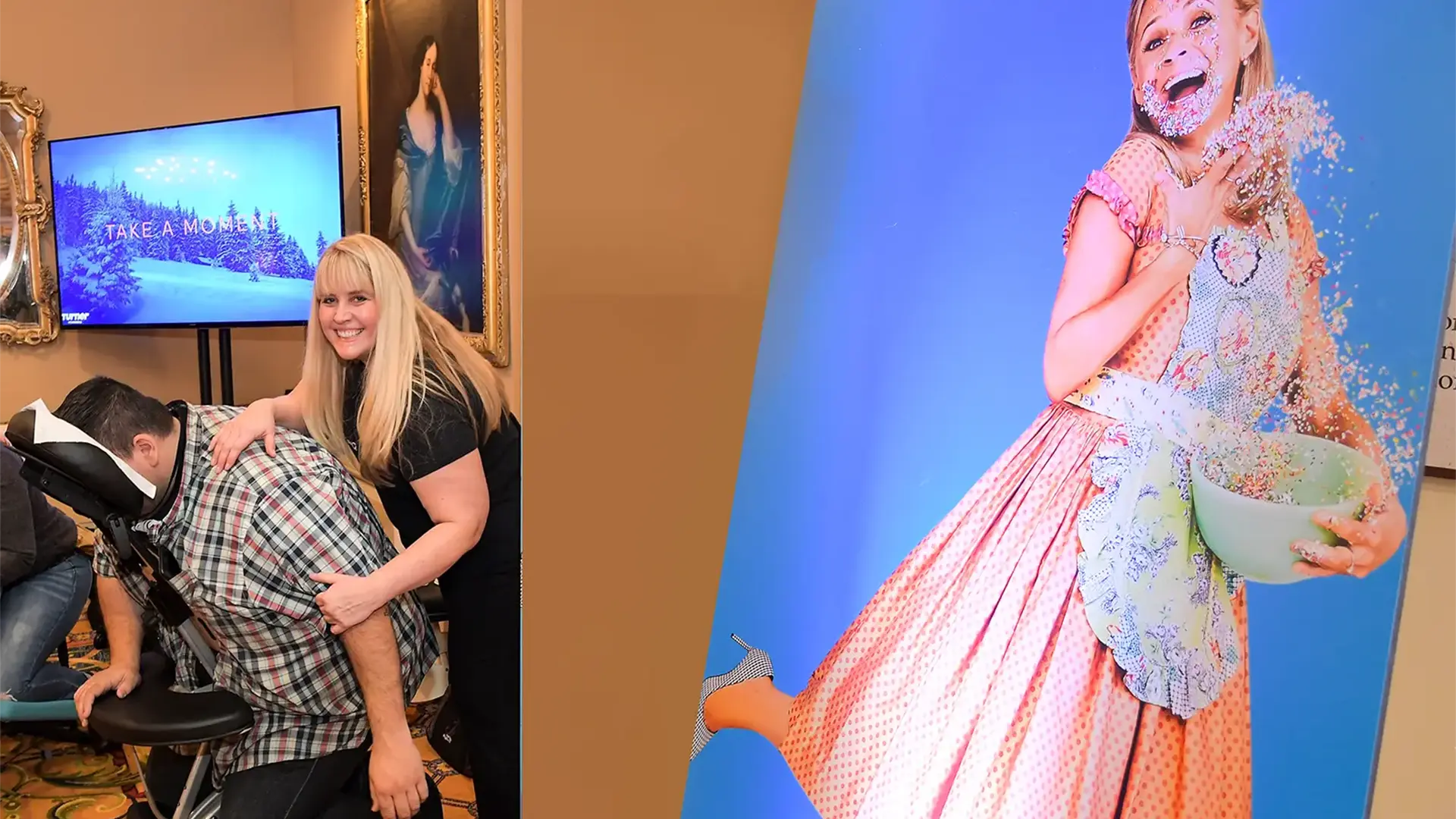 A smiling woman provides a relaxing seated massage to a client using a massage chair. The indoor setting boasts elegant decor and a large mirror on the wall, with a television screen partially visible&mdash;a perfect scene for a rejuvenating Corporate Chair Massage LA experience.