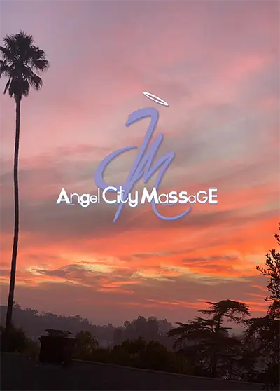 A picturesque sunset with vibrant orange and pink hues fills the sky above a silhouette of trees and a lone palm tree. Overlaid text reads Angel City Massage with a stylized logo and halo.
